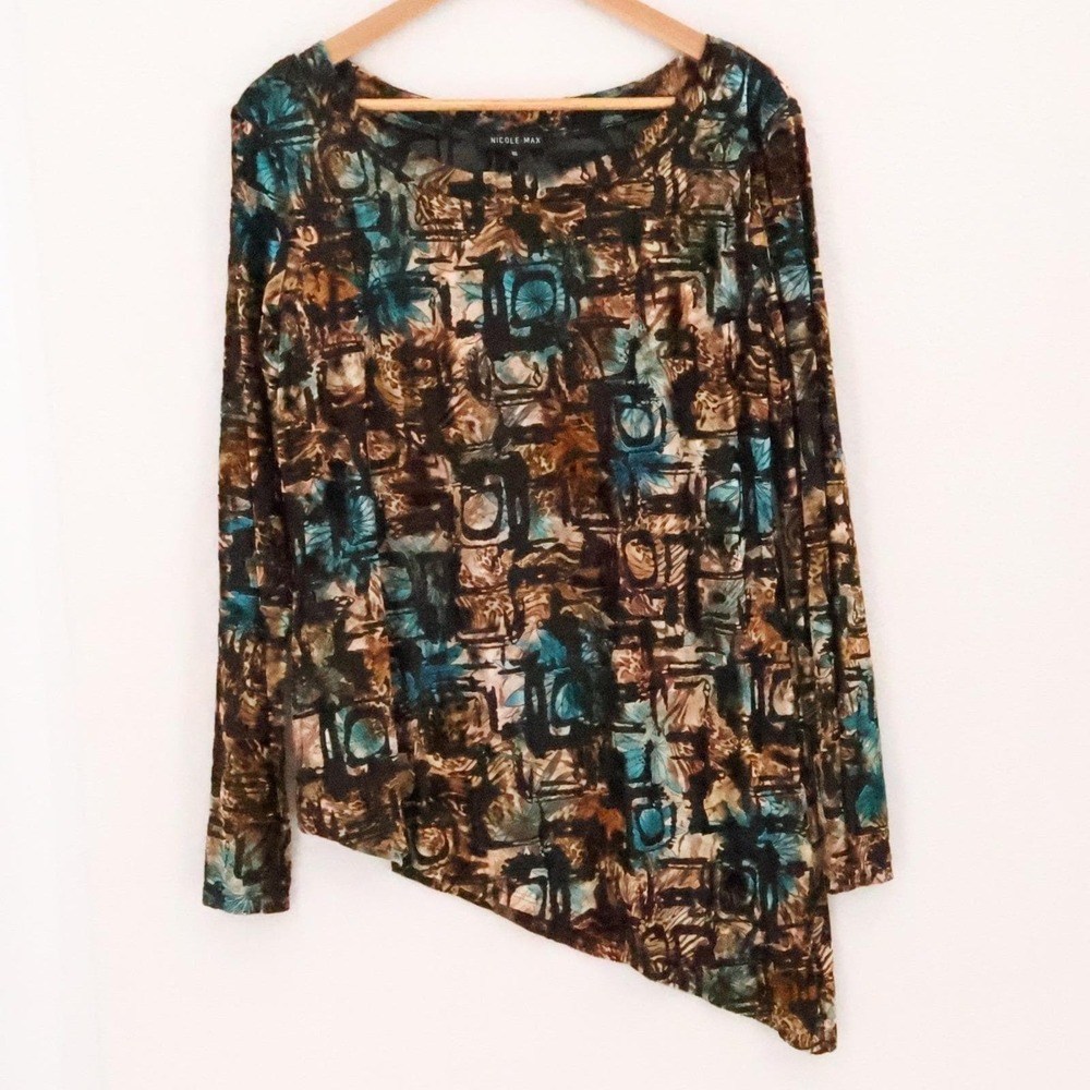 Velvet Asymmetric Tunic Top Vintage 90s Size M Brown Teal Abstract Artsy USA